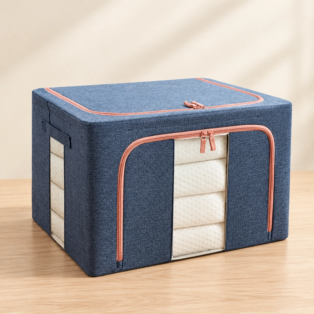 Navy blue Homsef Oxford fabric storage bag with pink zips and clear viewing windows