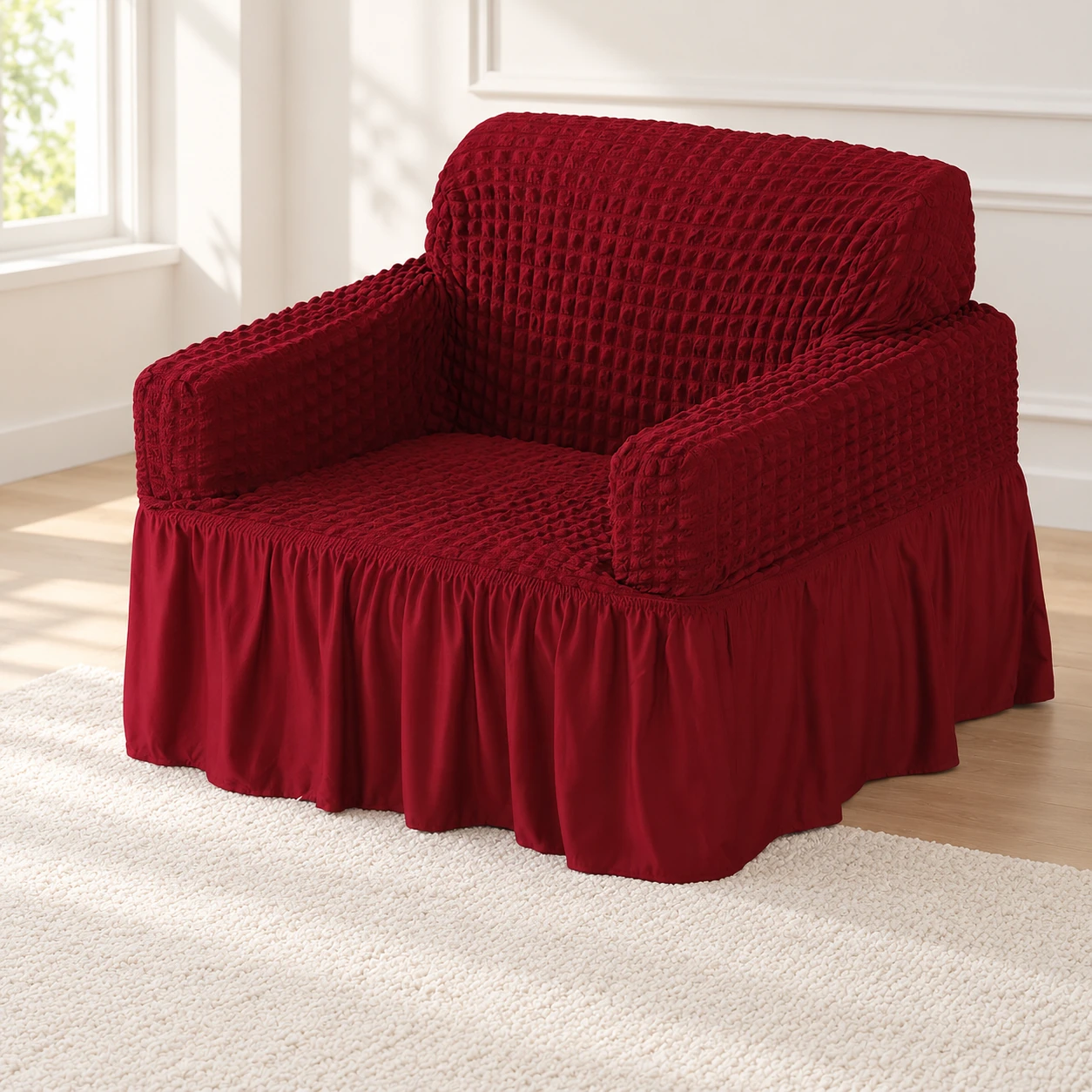 Wine red Homsef bubble texture sofa cover with a frill skirt on a one seat chair